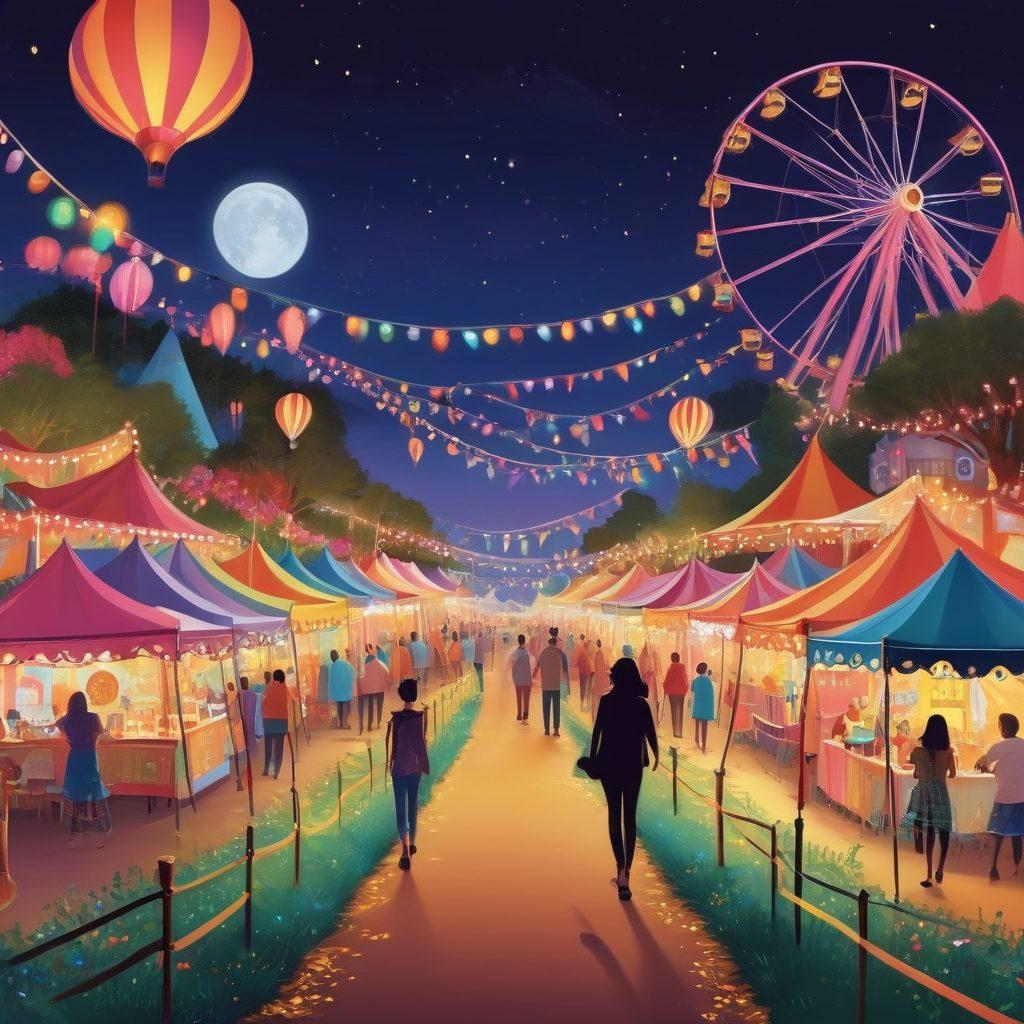 A whimsical illustration of a winding path through a vibrant carnival setting, where playful characters engage in various adult-themed activities, with colorful tents and neon lights creating an inviting atmosphere. The path symbolizes exploration and discovery, surrounded by hints of playful mystery. Include subtle layers of intrigue and humor to reflect the blog's theme. bright colors. vector art.
