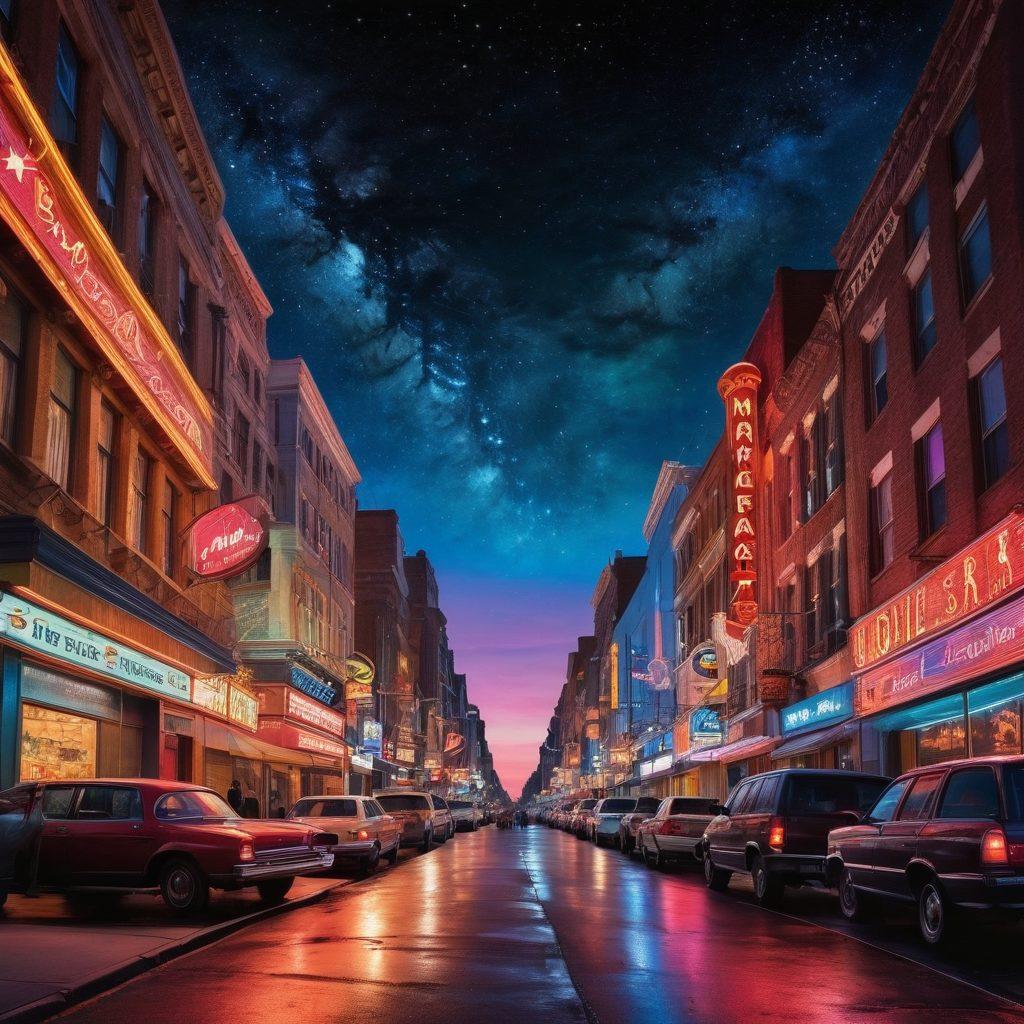 A surrealistic exploration scene depicting a vibrant cityscape where various elements of adult entertainment seamlessly blend with everyday life; neon lights illuminate the streets filled with diverse people engaging in artistic performances, playful interactions, and seductive imagery. Include a mix of traditional and modern symbols of adult entertainment, set against a captivating twilight sky with stars beginning to twinkle. surrealistic. vibrant colors. dynamic composition.